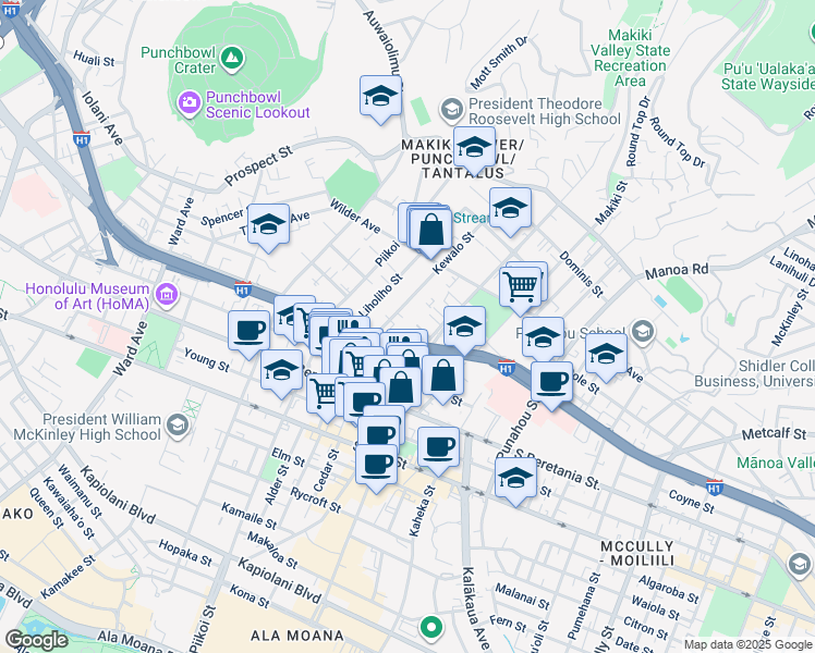 map of restaurants, bars, coffee shops, grocery stores, and more near 1420 Ke’eaumoku Street in Honolulu