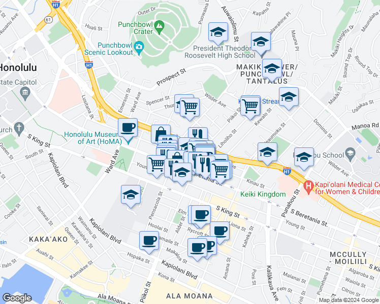 map of restaurants, bars, coffee shops, grocery stores, and more near 1134 Kinau Street in Honolulu