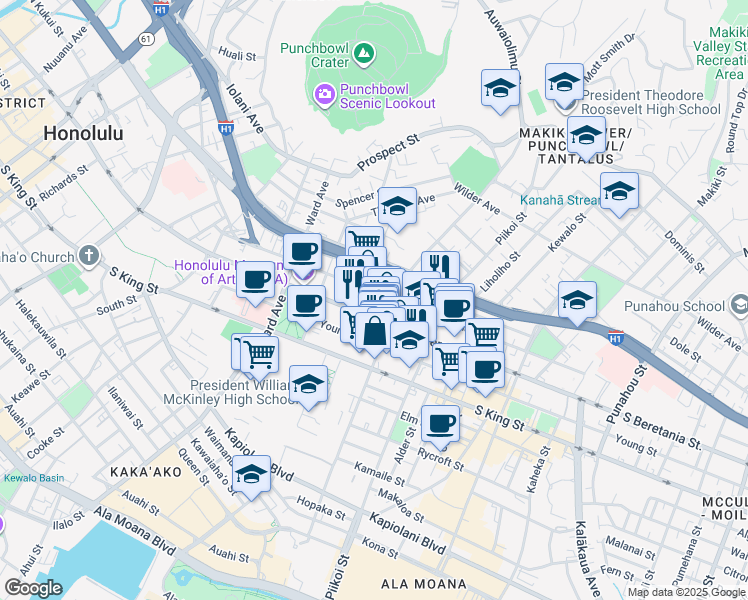 map of restaurants, bars, coffee shops, grocery stores, and more near 1095 Kinau Street in Honolulu