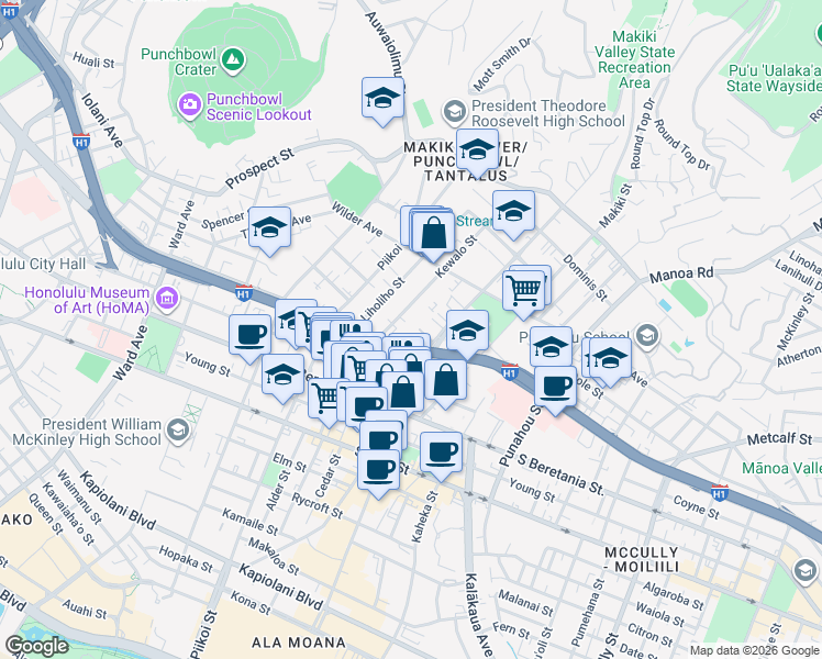 map of restaurants, bars, coffee shops, grocery stores, and more near 1420 Ke’eaumoku Street in Honolulu
