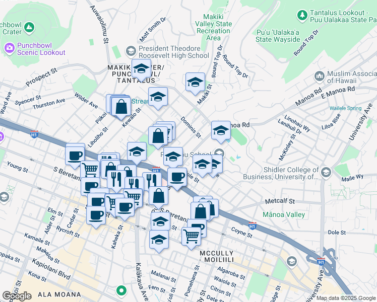 map of restaurants, bars, coffee shops, grocery stores, and more near 1618 Punahou Street in Honolulu