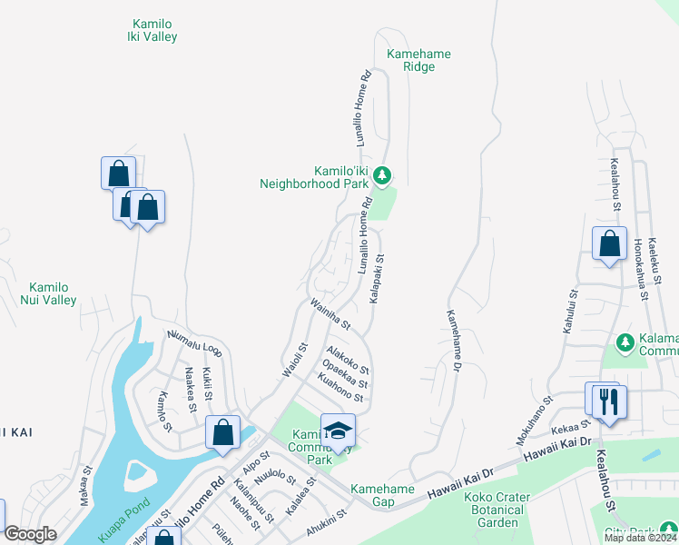 map of restaurants, bars, coffee shops, grocery stores, and more near 1115 Wainiha Street in Honolulu