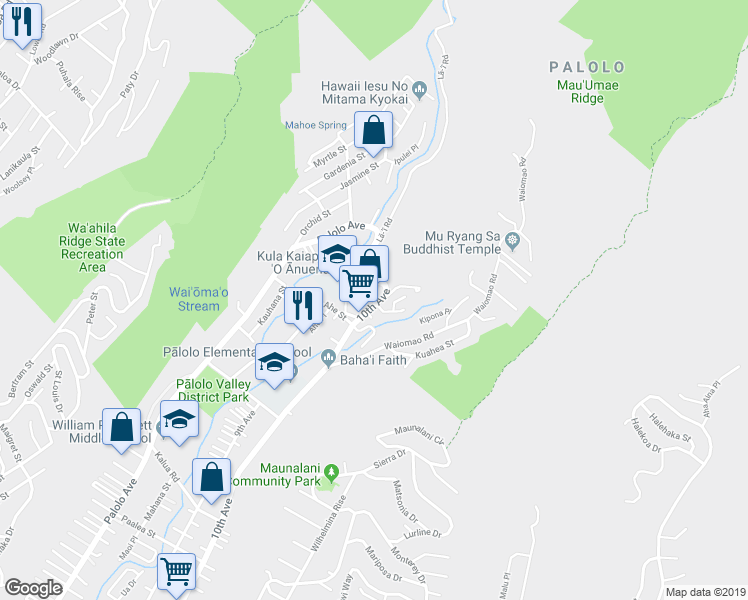 map of restaurants, bars, coffee shops, grocery stores, and more near 3524 Makanui Place in Honolulu