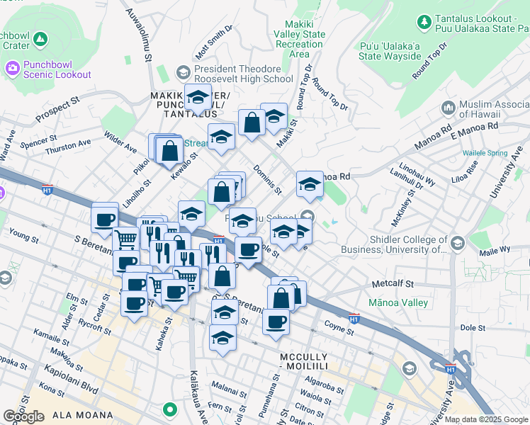 map of restaurants, bars, coffee shops, grocery stores, and more near 1561 Wilder Avenue in Honolulu
