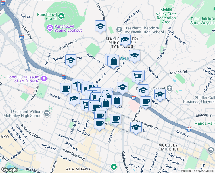 map of restaurants, bars, coffee shops, grocery stores, and more near 1420 Ke’eaumoku Street in Honolulu