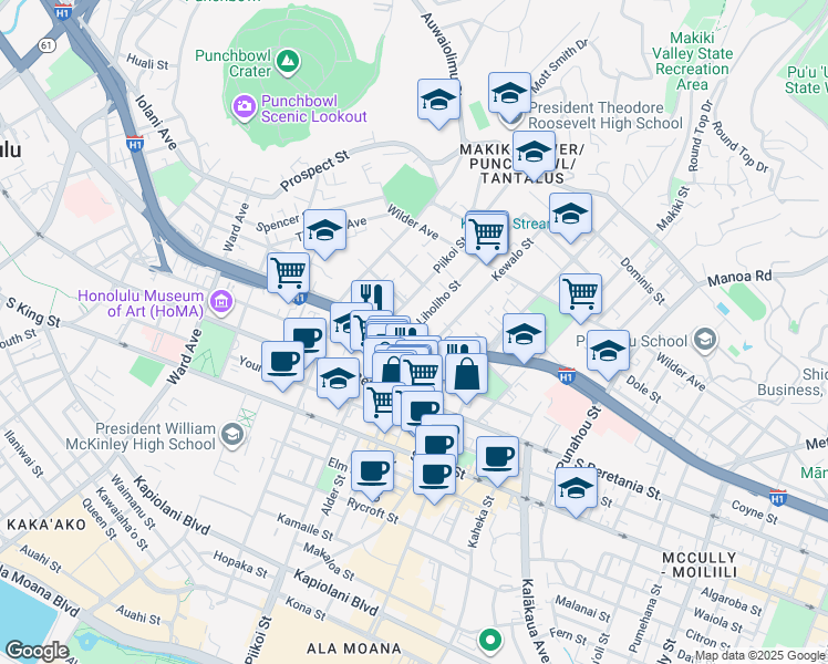 map of restaurants, bars, coffee shops, grocery stores, and more near 1400 Kewalo Street in Honolulu