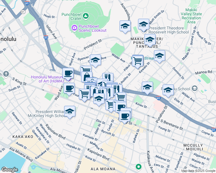 map of restaurants, bars, coffee shops, grocery stores, and more near 1134 Kinau Street in Honolulu