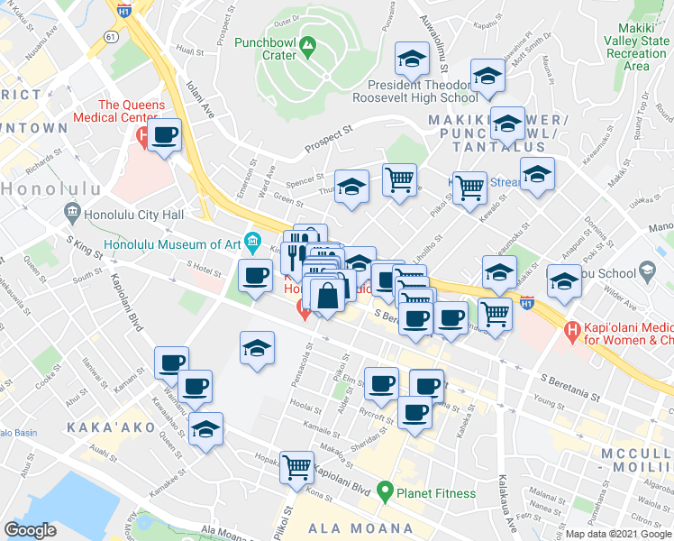 map of restaurants, bars, coffee shops, grocery stores, and more near 1095 Kinau Street in Honolulu