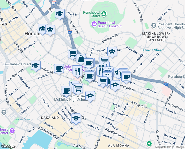 map of restaurants, bars, coffee shops, grocery stores, and more near 1111 Victoria Street in Honolulu