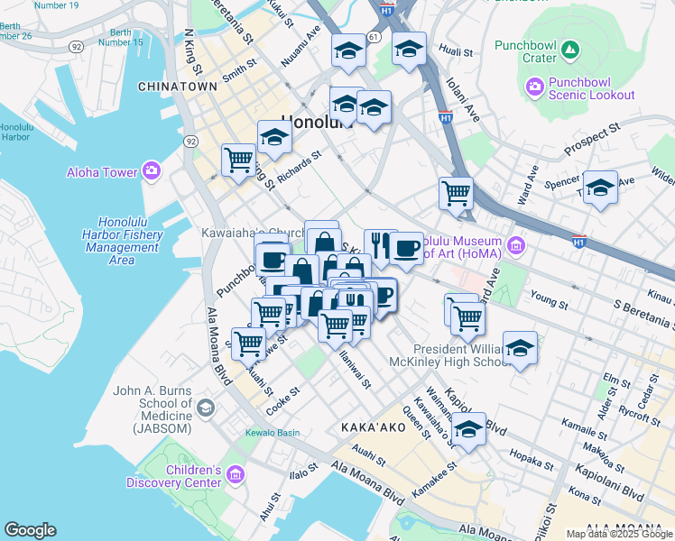 map of restaurants, bars, coffee shops, grocery stores, and more near 590 Kawaiahao Street in Honolulu