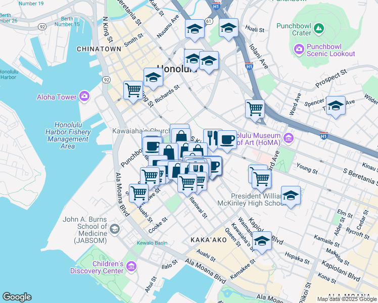map of restaurants, bars, coffee shops, grocery stores, and more near 872 Mission Lane in Honolulu