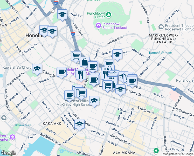 map of restaurants, bars, coffee shops, grocery stores, and more near 1080 South Beretania Street in Honolulu