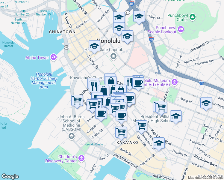 map of restaurants, bars, coffee shops, grocery stores, and more near 872 Mission Lane in Honolulu