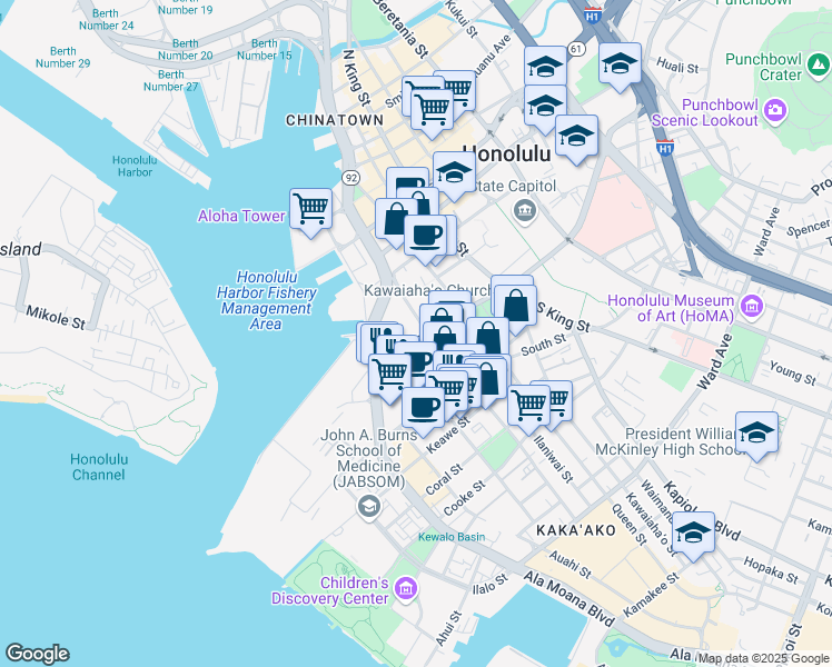 map of restaurants, bars, coffee shops, grocery stores, and more near 300 Ala Moana Boulevard in Honolulu