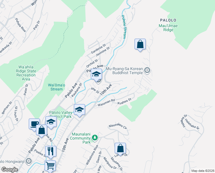 map of restaurants, bars, coffee shops, grocery stores, and more near 3524 Makanui Pl in Honolulu