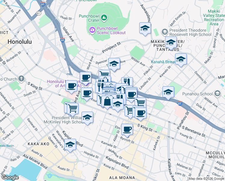 map of restaurants, bars, coffee shops, grocery stores, and more near 1095 Kinau Street in Honolulu