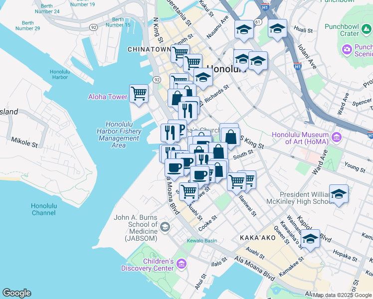 map of restaurants, bars, coffee shops, grocery stores, and more near 777 Punchbowl Street in Honolulu