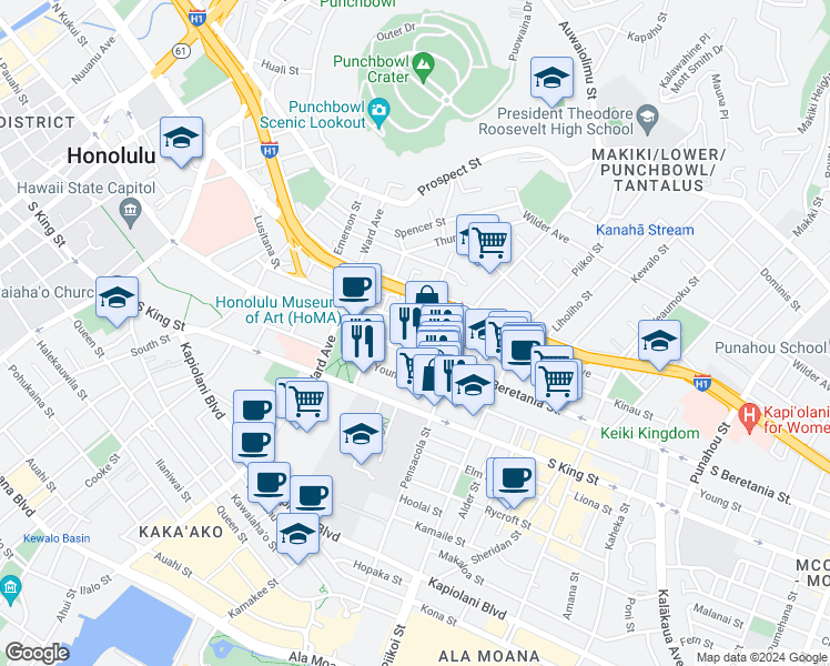 map of restaurants, bars, coffee shops, grocery stores, and more near 1048 South Beretania Street in Honolulu