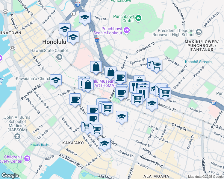 map of restaurants, bars, coffee shops, grocery stores, and more near 1102 Victoria Street in Honolulu