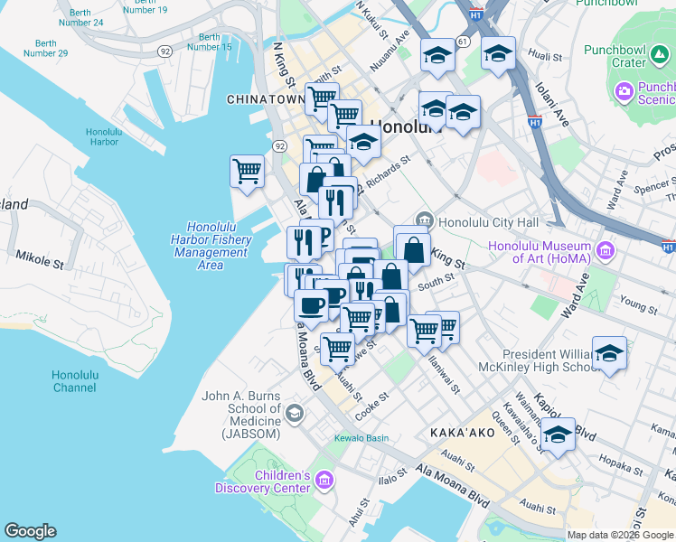 map of restaurants, bars, coffee shops, grocery stores, and more near 777 Punchbowl Street in Honolulu