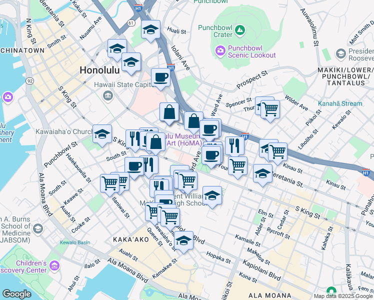 map of restaurants, bars, coffee shops, grocery stores, and more near 888 South King Street in Honolulu