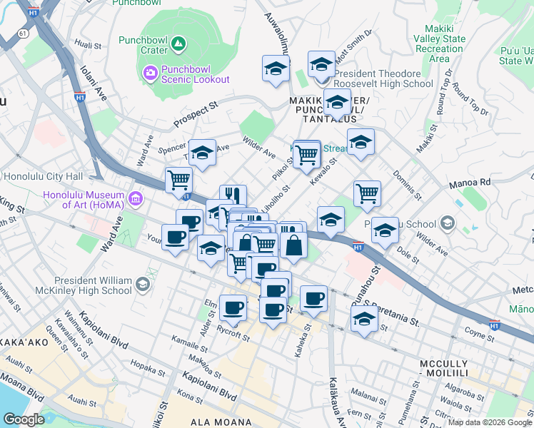 map of restaurants, bars, coffee shops, grocery stores, and more near 1400 Kewalo Street in Honolulu