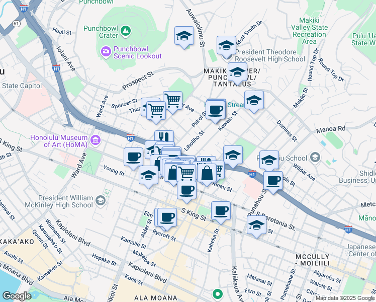 map of restaurants, bars, coffee shops, grocery stores, and more near 1415 Liholiho Street in Honolulu