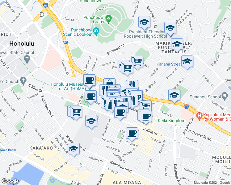 map of restaurants, bars, coffee shops, grocery stores, and more near 1084 Kinau Street in Honolulu