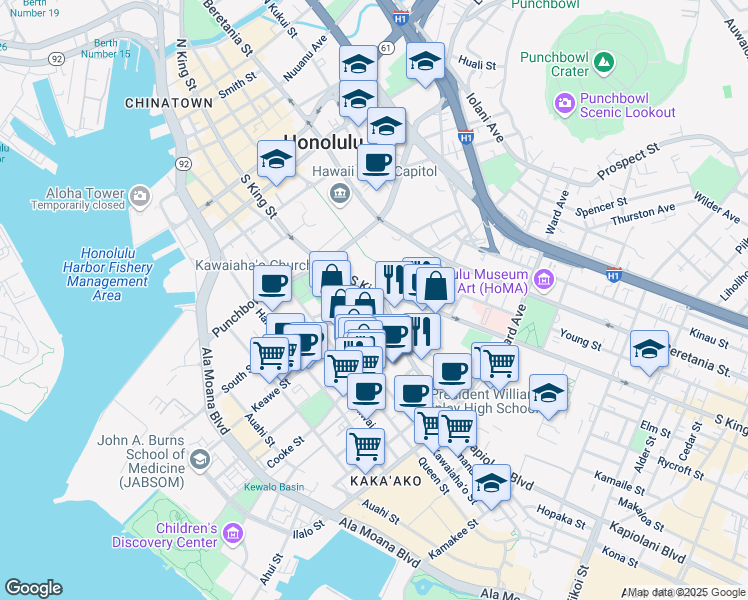 map of restaurants, bars, coffee shops, grocery stores, and more near 567 South King Street in Honolulu