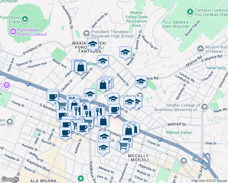 map of restaurants, bars, coffee shops, grocery stores, and more near 1550 Wilder Avenue in Honolulu