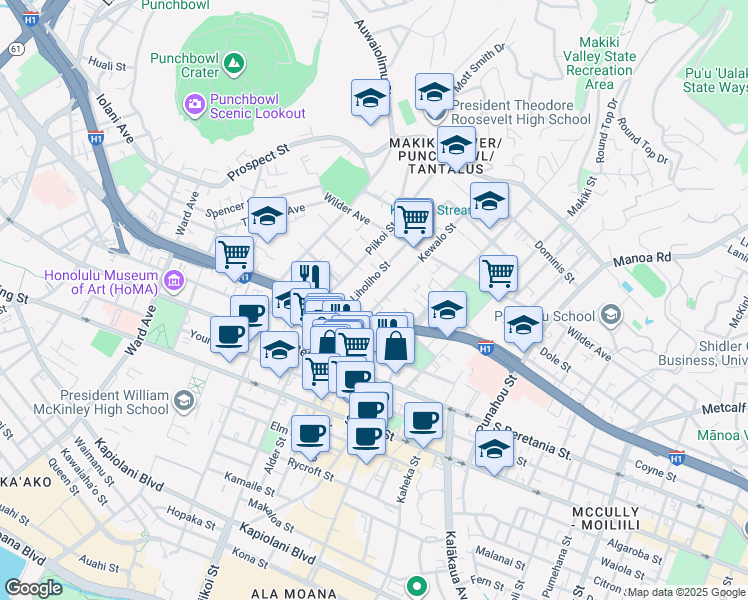 map of restaurants, bars, coffee shops, grocery stores, and more near 1400 Kewalo Street in Honolulu