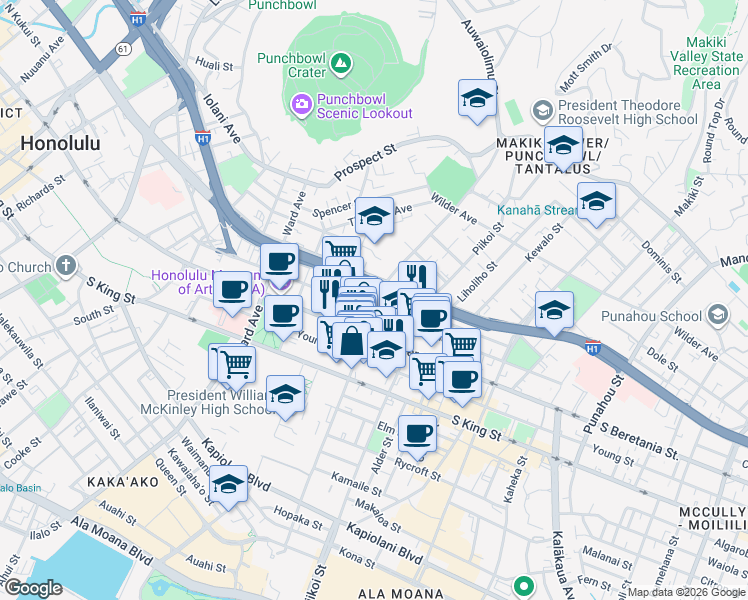 map of restaurants, bars, coffee shops, grocery stores, and more near 1095 Kinau Street in Honolulu