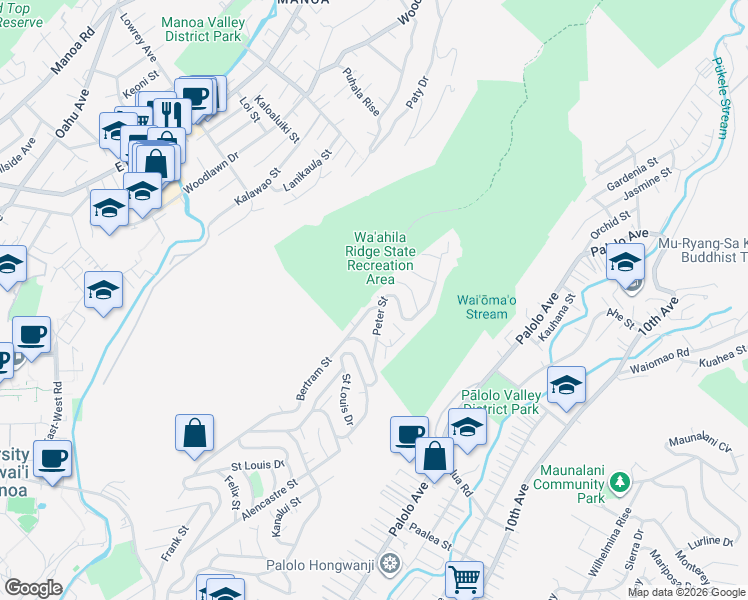 map of restaurants, bars, coffee shops, grocery stores, and more near 1934 Bertram Street in Honolulu