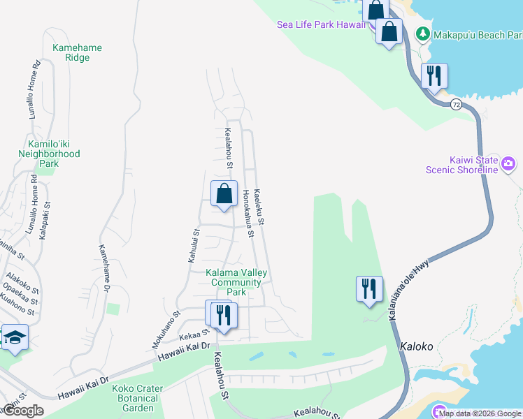 map of restaurants, bars, coffee shops, grocery stores, and more near 1266 Kaeleku Street in Honolulu