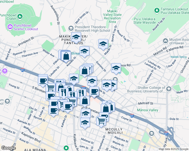 map of restaurants, bars, coffee shops, grocery stores, and more near 1561 Wilder Avenue in Honolulu
