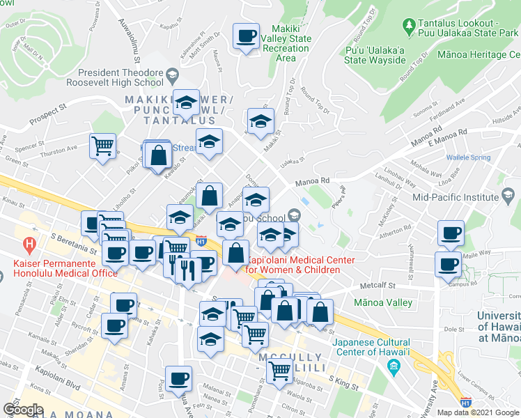 map of restaurants, bars, coffee shops, grocery stores, and more near Punahou Street in Honolulu