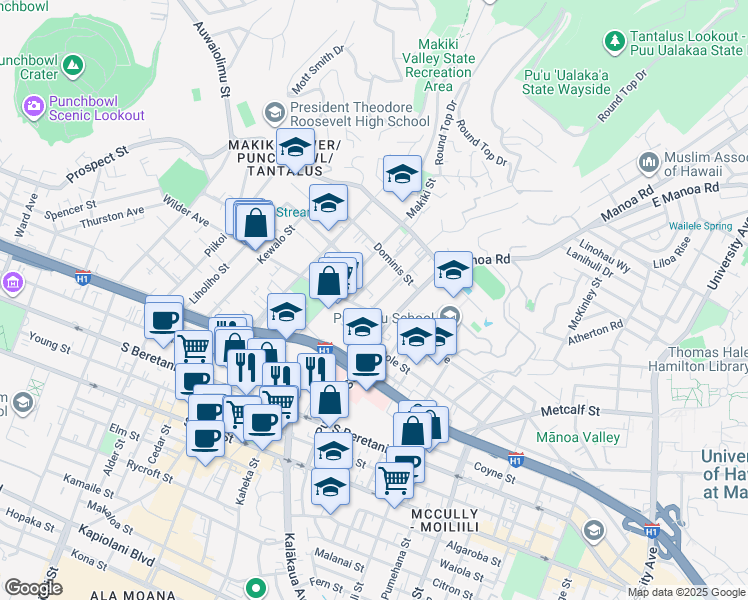 map of restaurants, bars, coffee shops, grocery stores, and more near 1561 Wilder Avenue in Honolulu