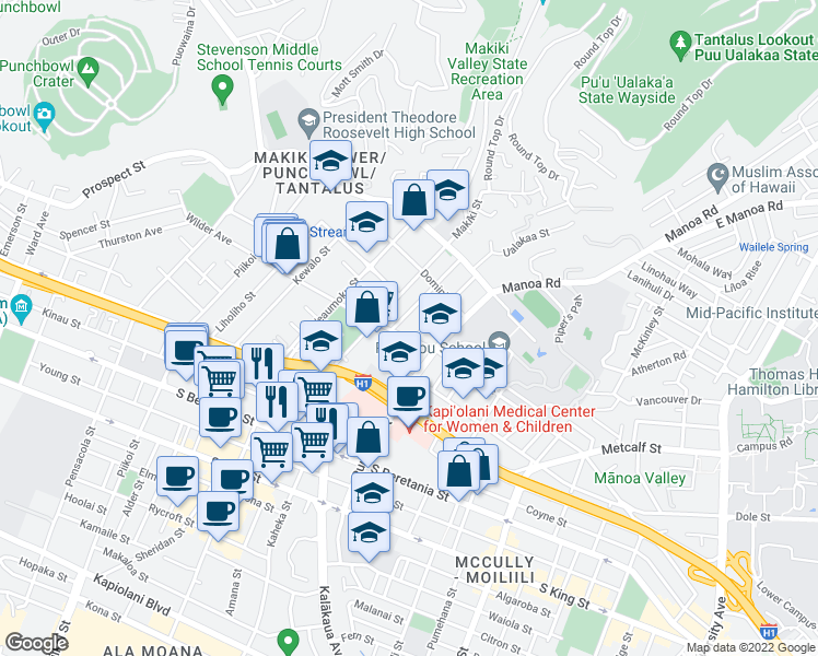 map of restaurants, bars, coffee shops, grocery stores, and more near 1561 Wilder Avenue in Honolulu