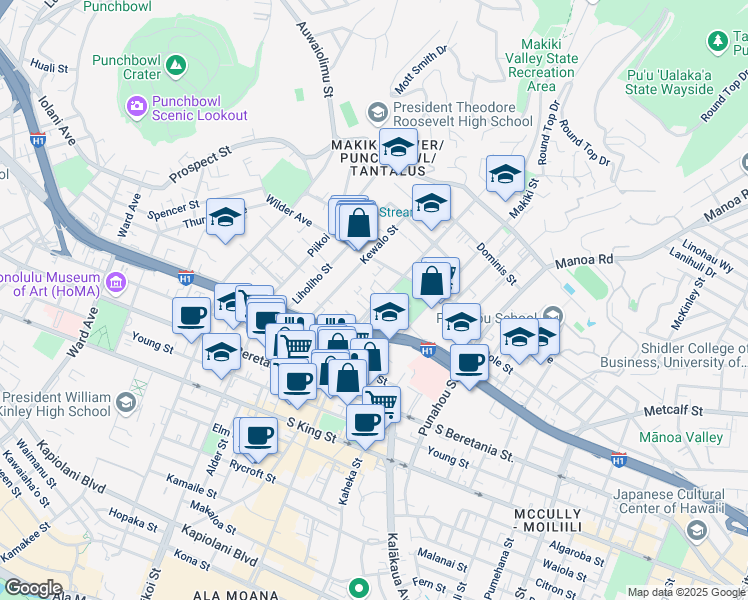 map of restaurants, bars, coffee shops, grocery stores, and more near 1436F Ke’eaumoku Street in Honolulu