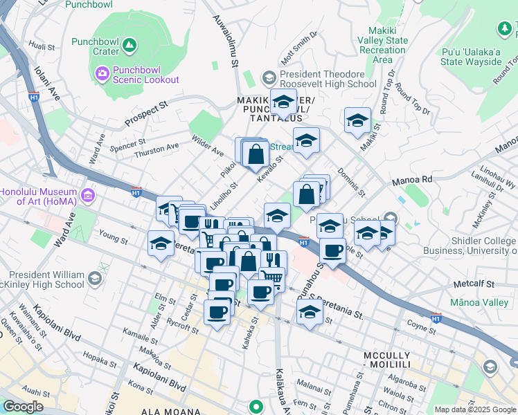map of restaurants, bars, coffee shops, grocery stores, and more near 1436F Ke’eaumoku Street in Honolulu