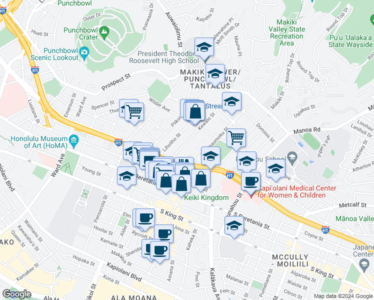 map of restaurants, bars, coffee shops, grocery stores, and more near 1420 Ke’eaumoku Street in Honolulu