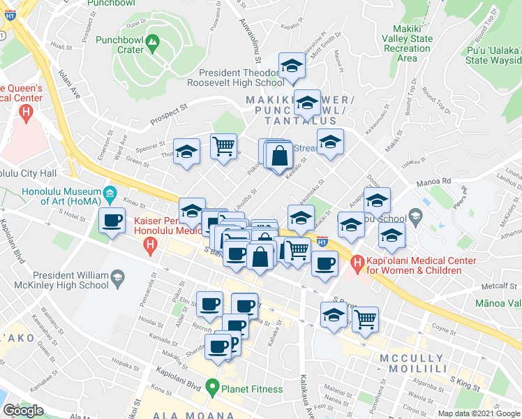 map of restaurants, bars, coffee shops, grocery stores, and more near 1420 Ke’eaumoku Street in Honolulu