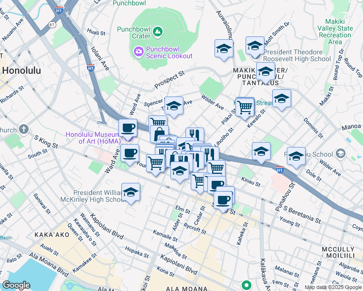 map of restaurants, bars, coffee shops, grocery stores, and more near 1134 Kinau Street in Honolulu