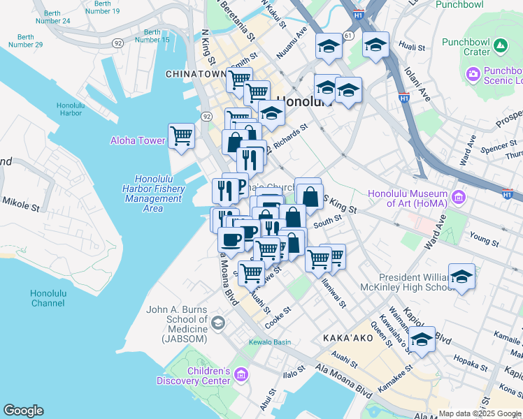 map of restaurants, bars, coffee shops, grocery stores, and more near 777 Punchbowl Street in Honolulu