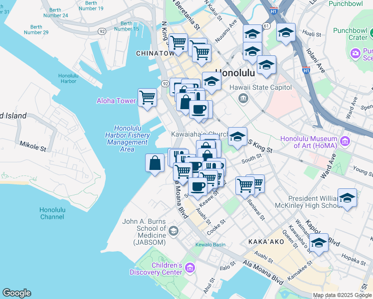 map of restaurants, bars, coffee shops, grocery stores, and more near 300 Ala Moana Boulevard in Honolulu