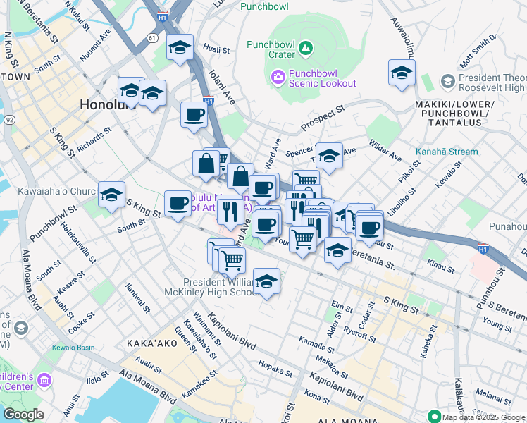 map of restaurants, bars, coffee shops, grocery stores, and more near 900 South Beretania Street in Honolulu