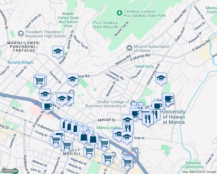 map of restaurants, bars, coffee shops, grocery stores, and more near 2127 Rocky Hill Place in Honolulu