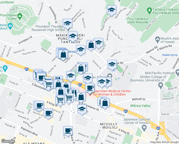 map of restaurants, bars, coffee shops, grocery stores, and more near 1707 Anapuni Street in Honolulu