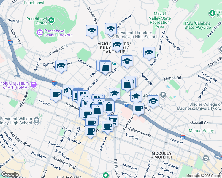map of restaurants, bars, coffee shops, grocery stores, and more near 1328 Kaihee Street in Honolulu