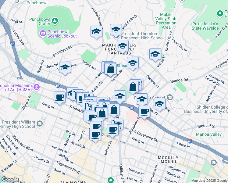 map of restaurants, bars, coffee shops, grocery stores, and more near 1328 Kaihee Street in Honolulu